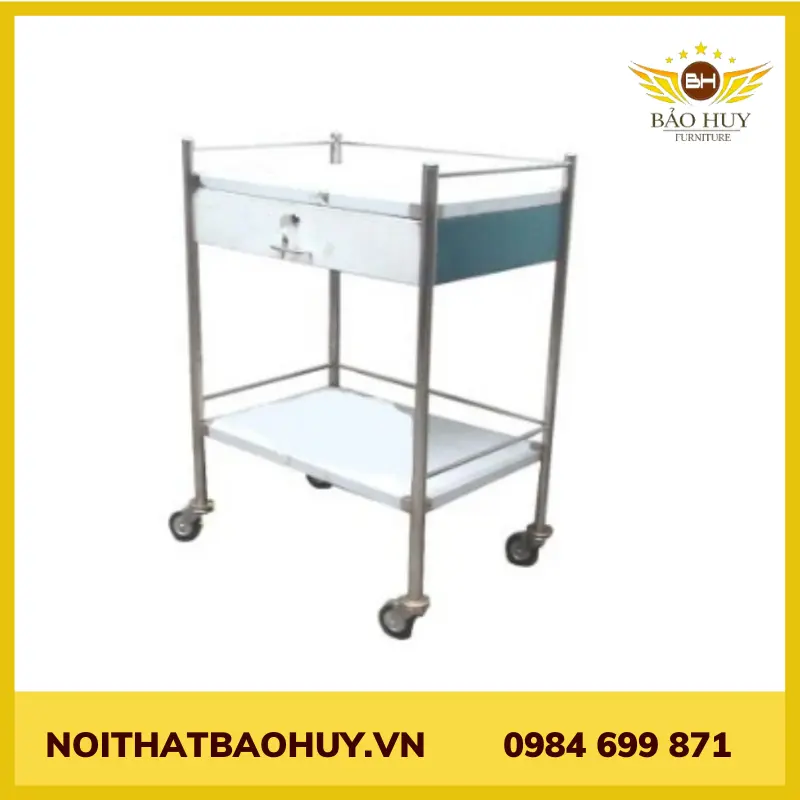 Xe đẩy thuốc 2 tầng có hộc kéo 40x60 cm xdt 03