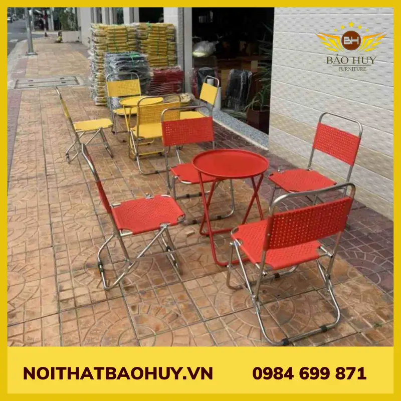 Bộ bàn ghế cafe xếp khung inox mặt nhựa